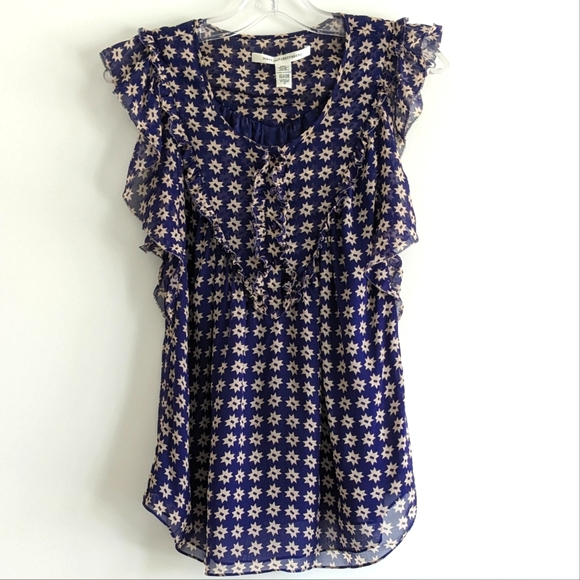Diane von Furstenberg star print flutter sleeve silk top Navy Size 10 - Picture 2 of 12